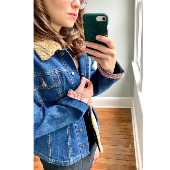 Vintage Y2K 90s Denim April Cornell Faux Fur Pink Floral Trim Jean Jacket L - Picture 5 of 11